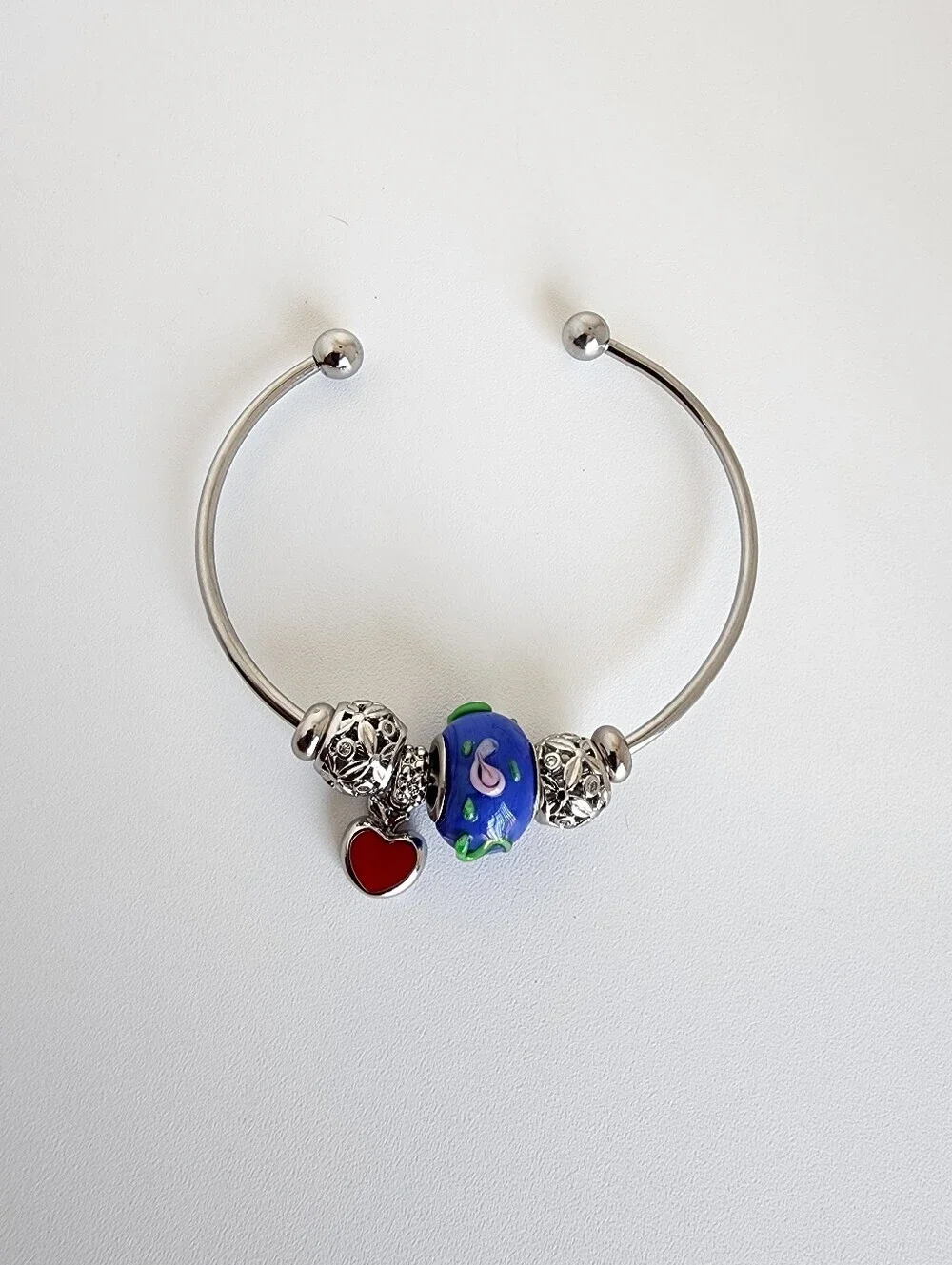 Silver Plated  Bangle Bracelet Blue Murano Glass Heart Charm Removable Charms